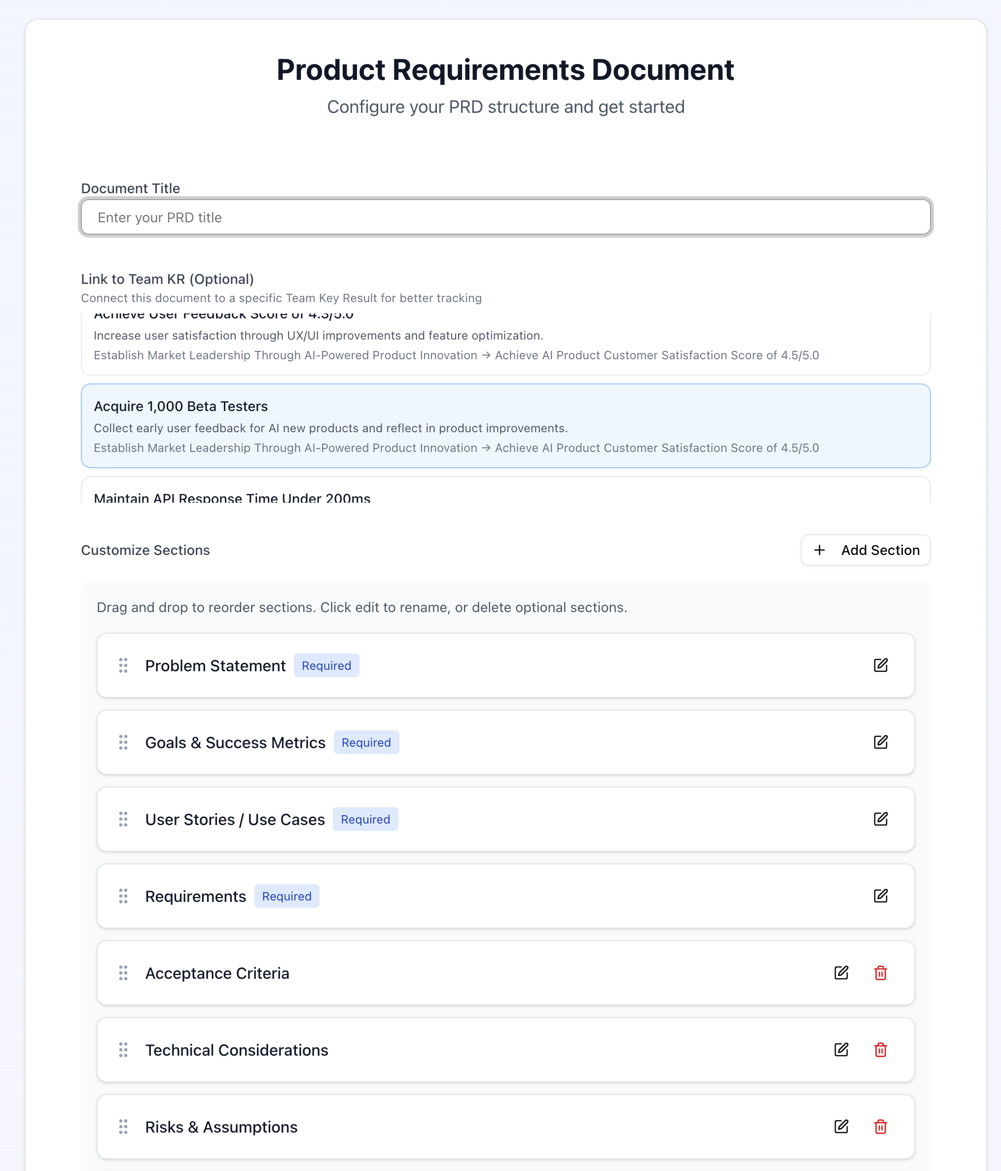 AI-powered strategy document creation interface with template library and real-time collaboration features